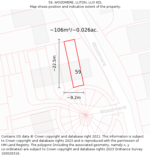 59, WOODMERE, LUTON, LU3 4DL: Plot and title map