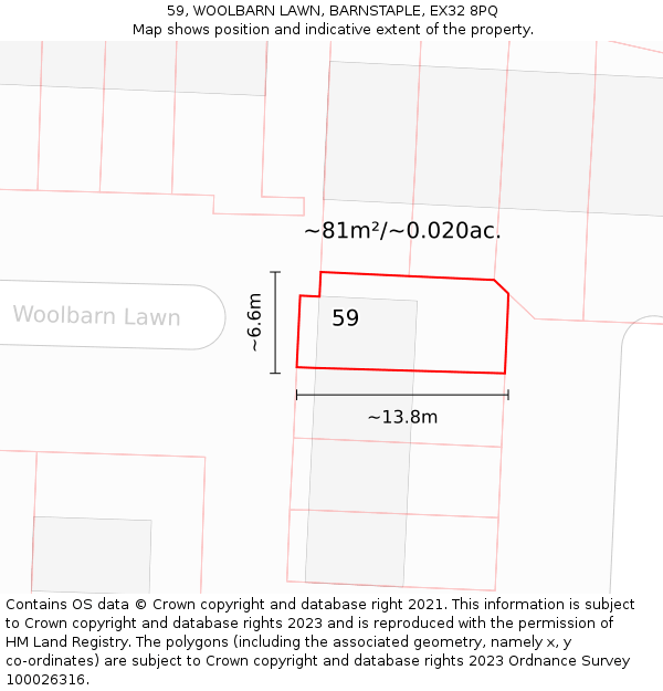 59, WOOLBARN LAWN, BARNSTAPLE, EX32 8PQ: Plot and title map