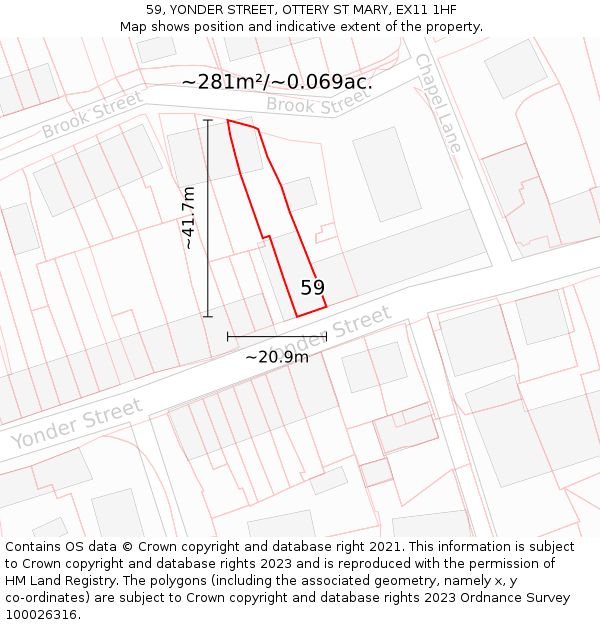59, YONDER STREET, OTTERY ST MARY, EX11 1HF: Plot and title map