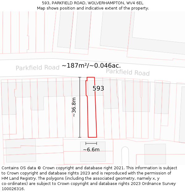 593, PARKFIELD ROAD, WOLVERHAMPTON, WV4 6EL: Plot and title map