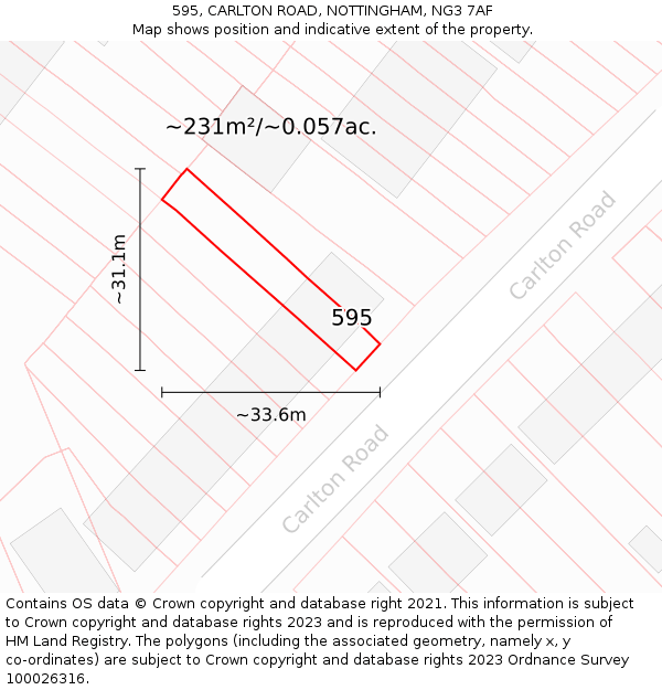 595, CARLTON ROAD, NOTTINGHAM, NG3 7AF: Plot and title map