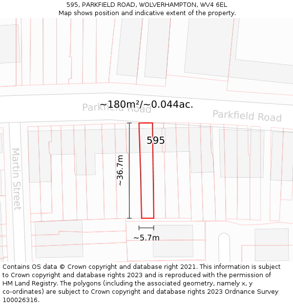 595, PARKFIELD ROAD, WOLVERHAMPTON, WV4 6EL: Plot and title map