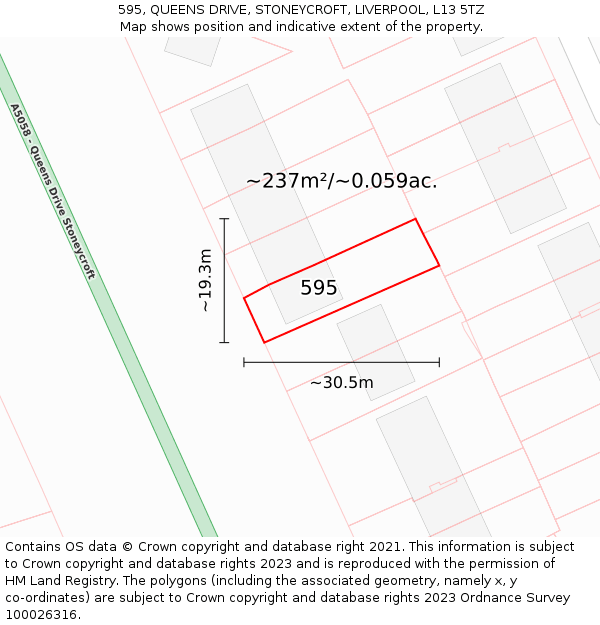 595, QUEENS DRIVE, STONEYCROFT, LIVERPOOL, L13 5TZ: Plot and title map