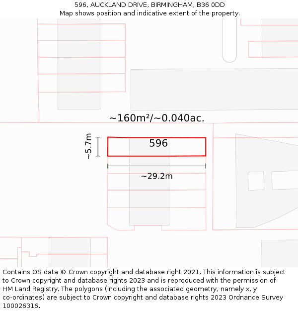 596, AUCKLAND DRIVE, BIRMINGHAM, B36 0DD: Plot and title map