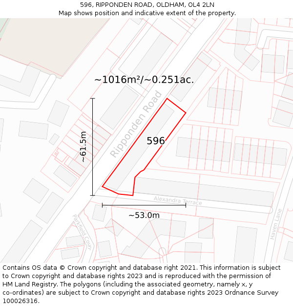 596, RIPPONDEN ROAD, OLDHAM, OL4 2LN: Plot and title map