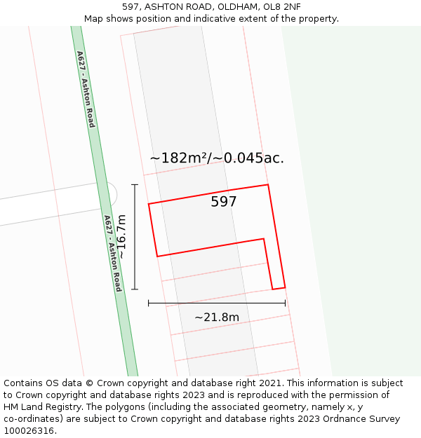 597, ASHTON ROAD, OLDHAM, OL8 2NF: Plot and title map