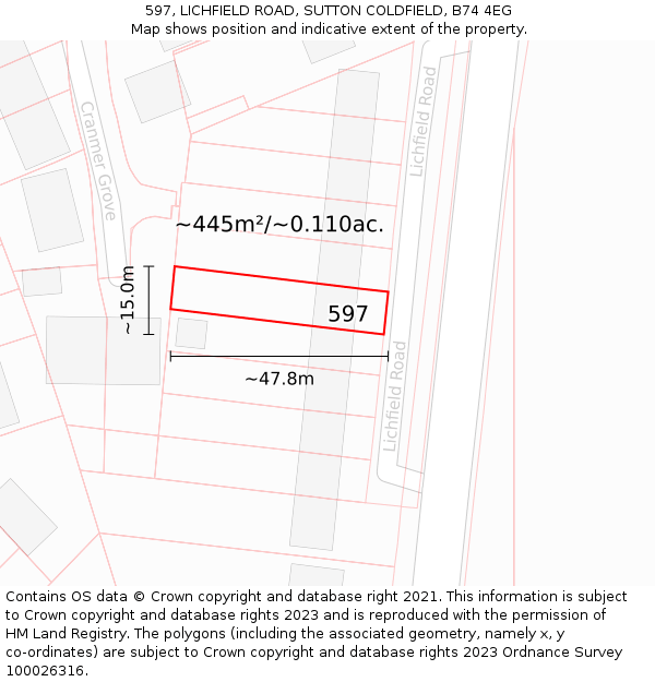 597, LICHFIELD ROAD, SUTTON COLDFIELD, B74 4EG: Plot and title map