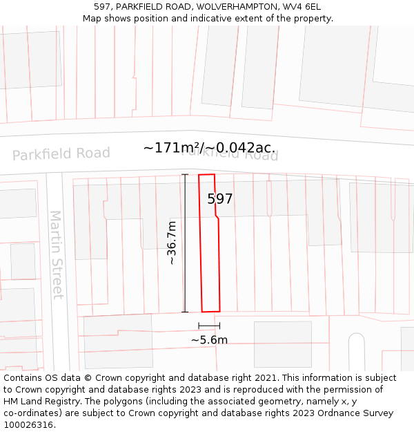 597, PARKFIELD ROAD, WOLVERHAMPTON, WV4 6EL: Plot and title map