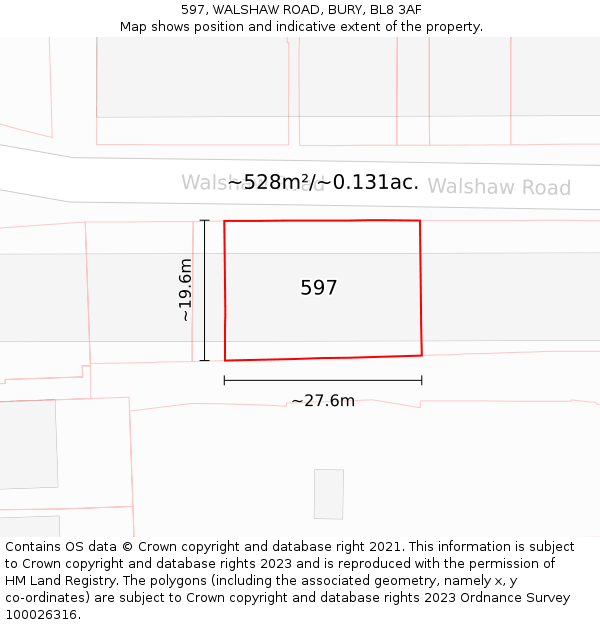 597, WALSHAW ROAD, BURY, BL8 3AF: Plot and title map