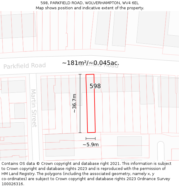 598, PARKFIELD ROAD, WOLVERHAMPTON, WV4 6EL: Plot and title map