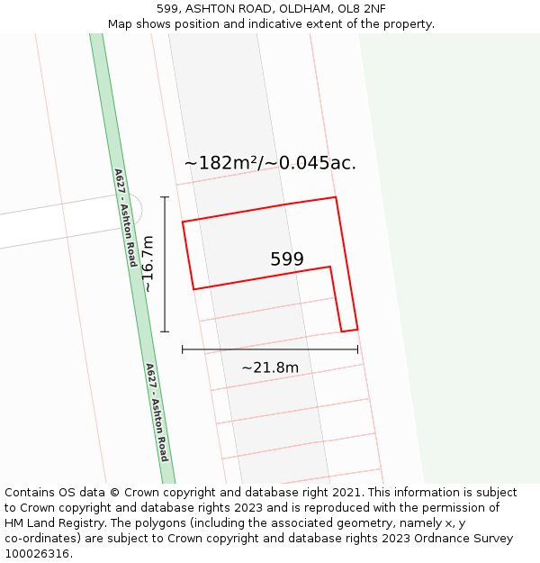 599, ASHTON ROAD, OLDHAM, OL8 2NF: Plot and title map