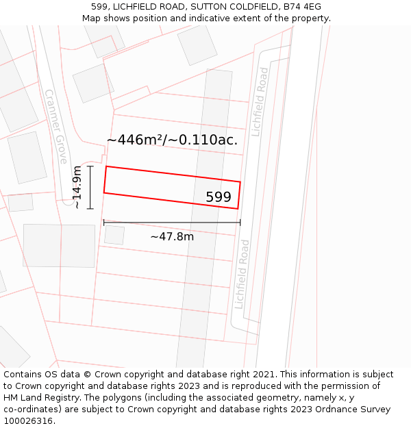 599, LICHFIELD ROAD, SUTTON COLDFIELD, B74 4EG: Plot and title map
