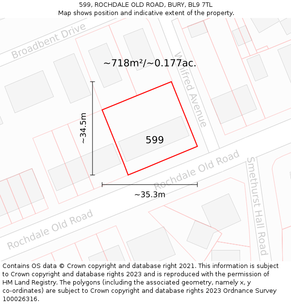 599, ROCHDALE OLD ROAD, BURY, BL9 7TL: Plot and title map