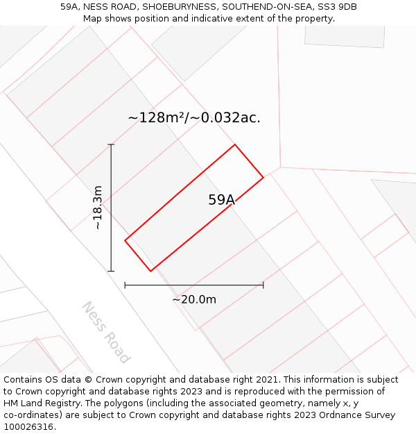 59A, NESS ROAD, SHOEBURYNESS, SOUTHEND-ON-SEA, SS3 9DB: Plot and title map