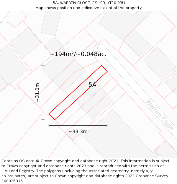 5A, WARREN CLOSE, ESHER, KT10 9RU: Plot and title map