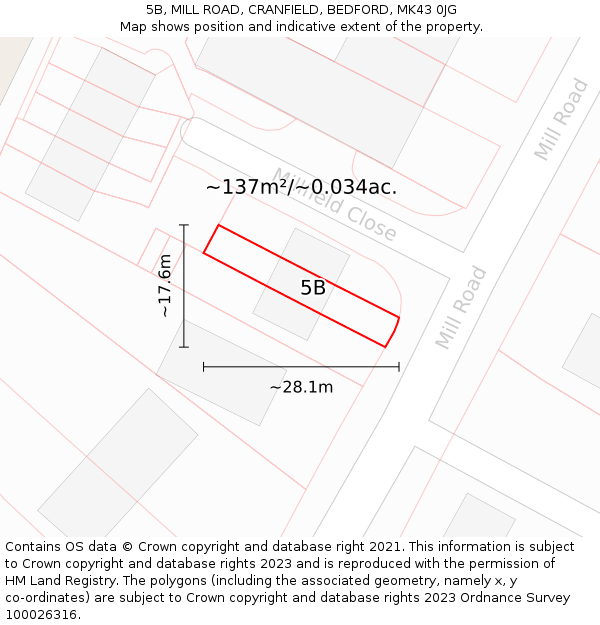5B, MILL ROAD, CRANFIELD, BEDFORD, MK43 0JG: Plot and title map