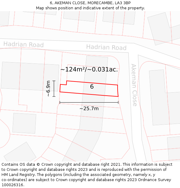 6, AKEMAN CLOSE, MORECAMBE, LA3 3BP: Plot and title map