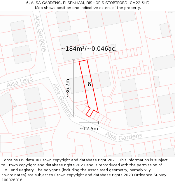 6, ALSA GARDENS, ELSENHAM, BISHOP'S STORTFORD, CM22 6HD: Plot and title map