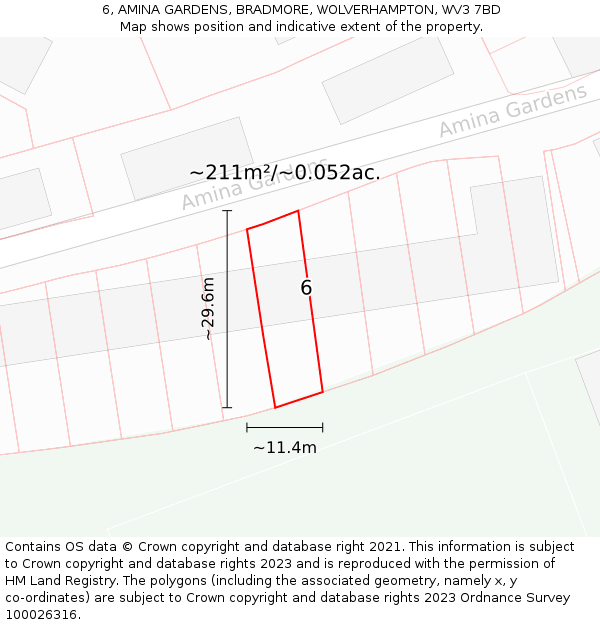 6, AMINA GARDENS, BRADMORE, WOLVERHAMPTON, WV3 7BD: Plot and title map