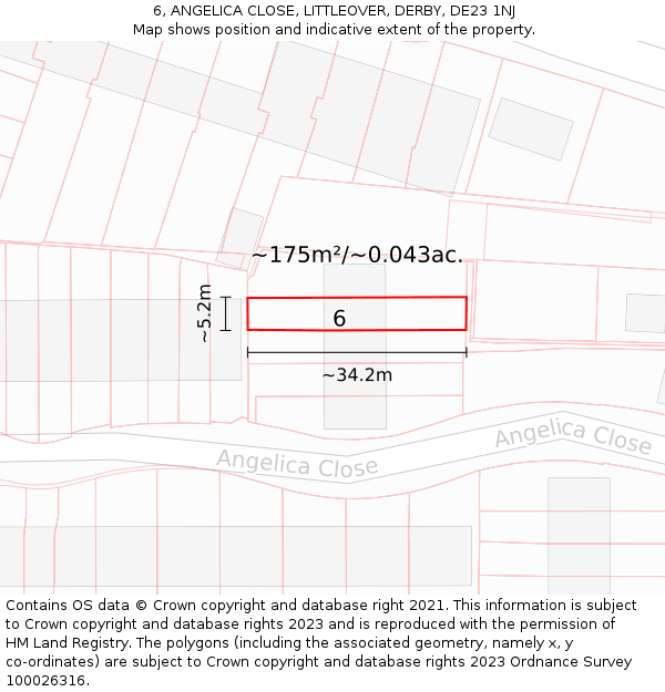 6, ANGELICA CLOSE, LITTLEOVER, DERBY, DE23 1NJ: Plot and title map