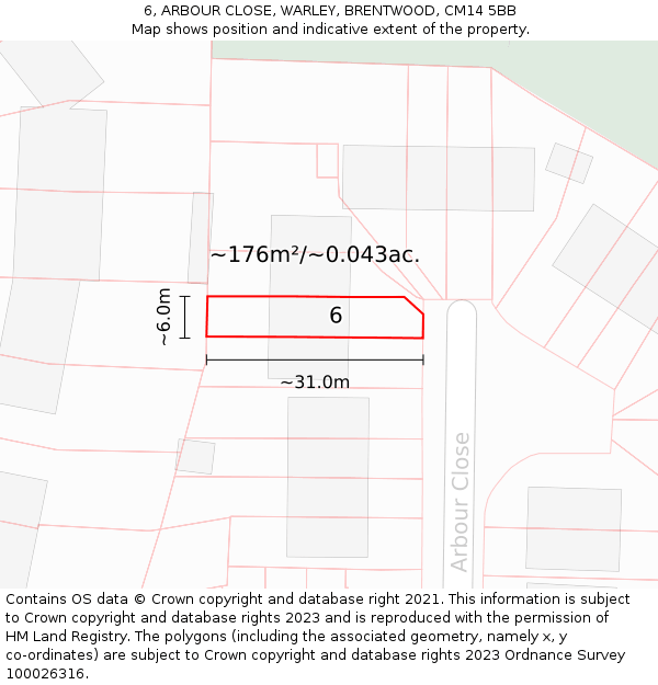 6, ARBOUR CLOSE, WARLEY, BRENTWOOD, CM14 5BB: Plot and title map