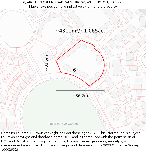 6, ARCHERS GREEN ROAD, WESTBROOK, WARRINGTON, WA5 7XS: Plot and title map
