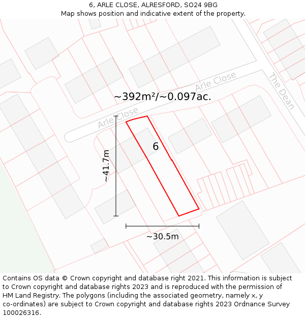 6, ARLE CLOSE, ALRESFORD, SO24 9BG: Plot and title map