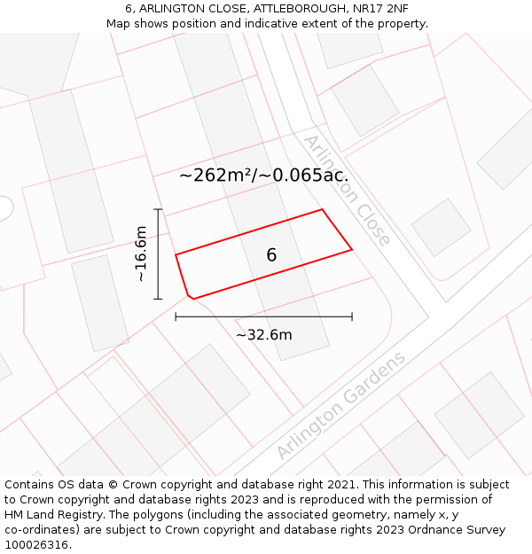 6, ARLINGTON CLOSE, ATTLEBOROUGH, NR17 2NF: Plot and title map