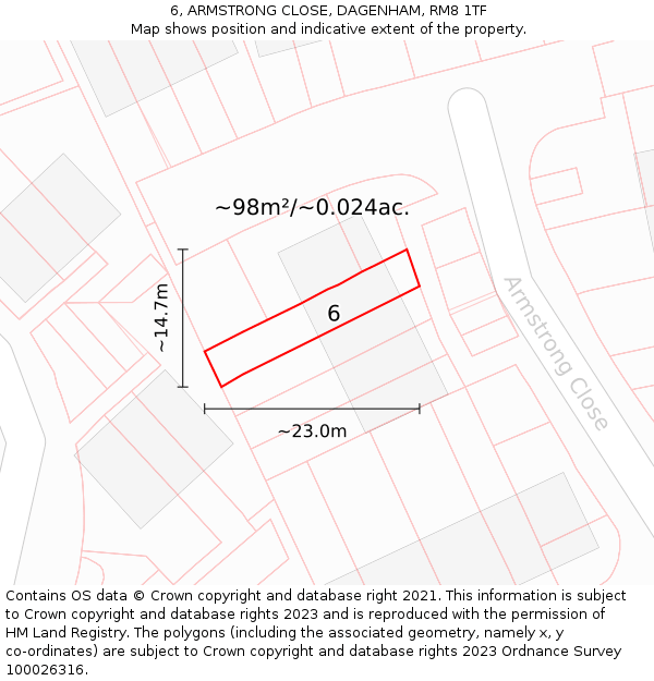 6, ARMSTRONG CLOSE, DAGENHAM, RM8 1TF: Plot and title map
