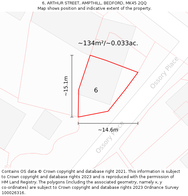 6, ARTHUR STREET, AMPTHILL, BEDFORD, MK45 2QQ: Plot and title map