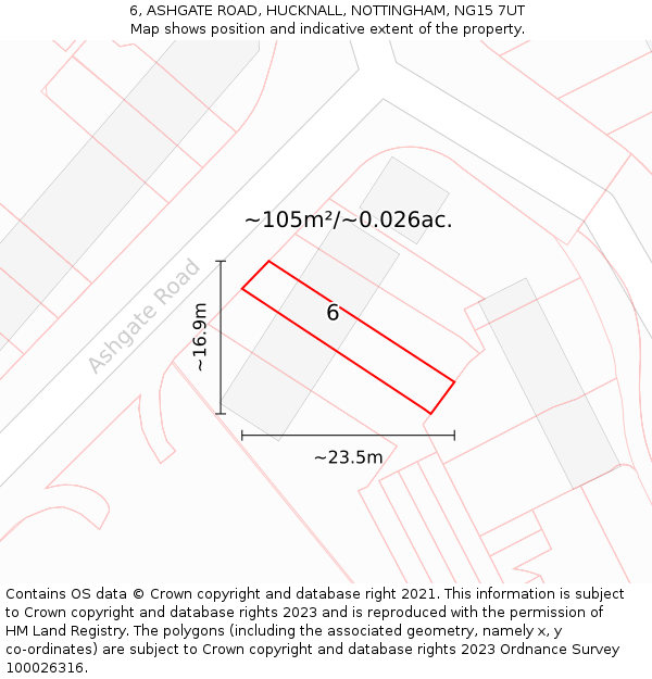 6, ASHGATE ROAD, HUCKNALL, NOTTINGHAM, NG15 7UT: Plot and title map