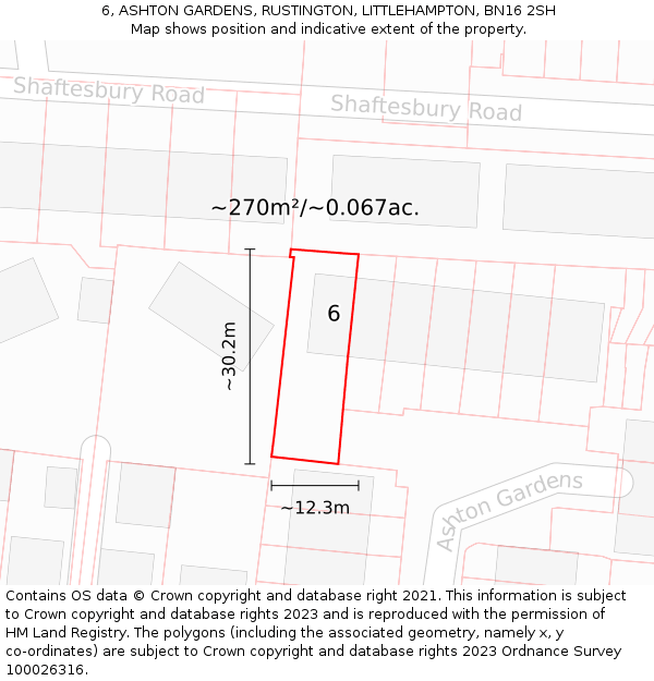 6, ASHTON GARDENS, RUSTINGTON, LITTLEHAMPTON, BN16 2SH: Plot and title map