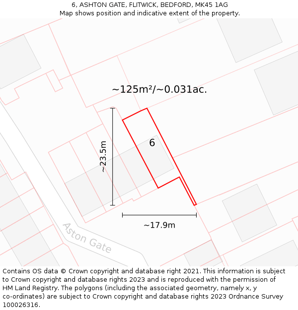 6, ASHTON GATE, FLITWICK, BEDFORD, MK45 1AG: Plot and title map