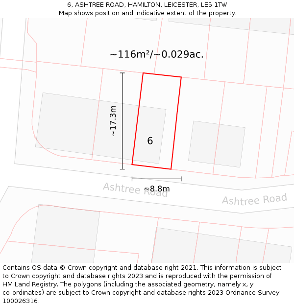 6, ASHTREE ROAD, HAMILTON, LEICESTER, LE5 1TW: Plot and title map