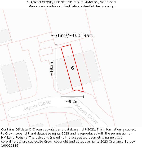 6, ASPEN CLOSE, HEDGE END, SOUTHAMPTON, SO30 0QS: Plot and title map