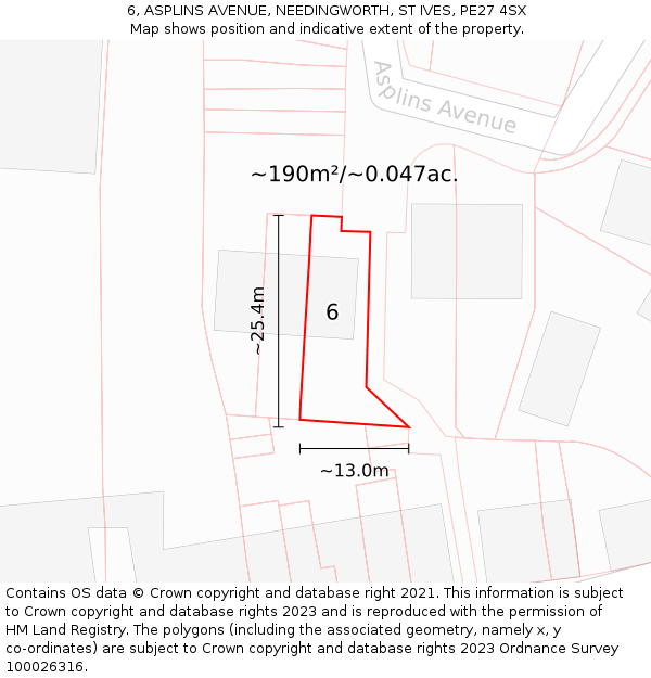 6, ASPLINS AVENUE, NEEDINGWORTH, ST IVES, PE27 4SX: Plot and title map