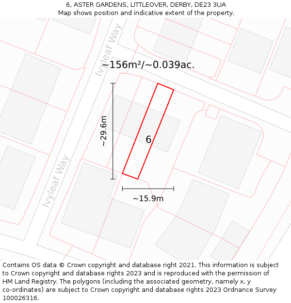 6, ASTER GARDENS, LITTLEOVER, DERBY, DE23 3UA: Plot and title map