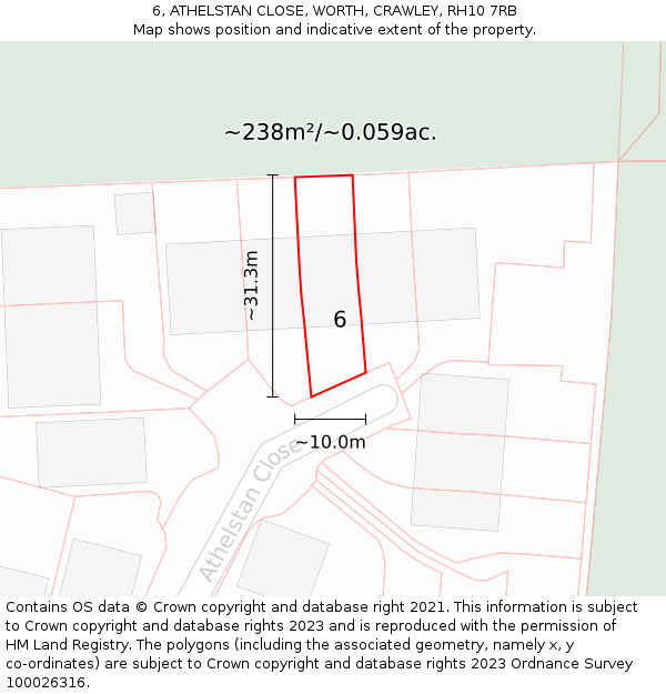 6, ATHELSTAN CLOSE, WORTH, CRAWLEY, RH10 7RB: Plot and title map