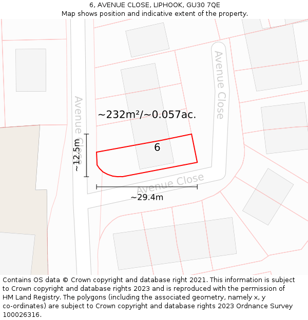 6, AVENUE CLOSE, LIPHOOK, GU30 7QE: Plot and title map