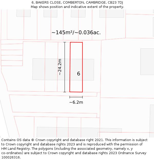 6, BAKERS CLOSE, COMBERTON, CAMBRIDGE, CB23 7DJ: Plot and title map