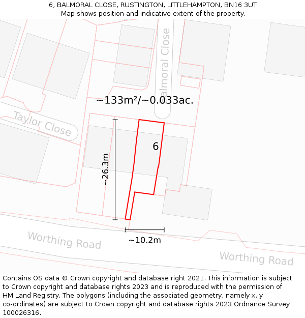 6, BALMORAL CLOSE, RUSTINGTON, LITTLEHAMPTON, BN16 3UT: Plot and title map