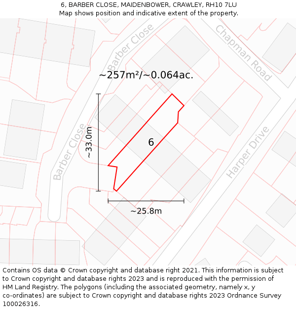 6, BARBER CLOSE, MAIDENBOWER, CRAWLEY, RH10 7LU: Plot and title map