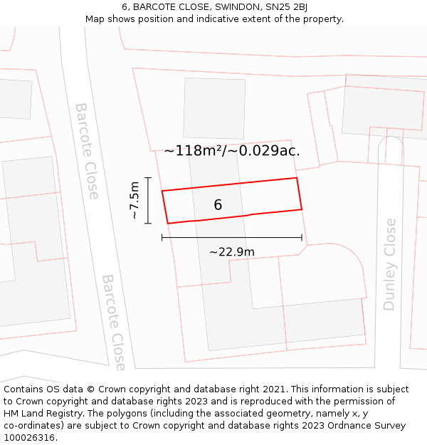 6, BARCOTE CLOSE, SWINDON, SN25 2BJ: Plot and title map