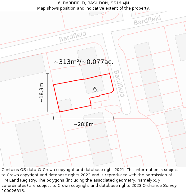 6, BARDFIELD, BASILDON, SS16 4JN: Plot and title map