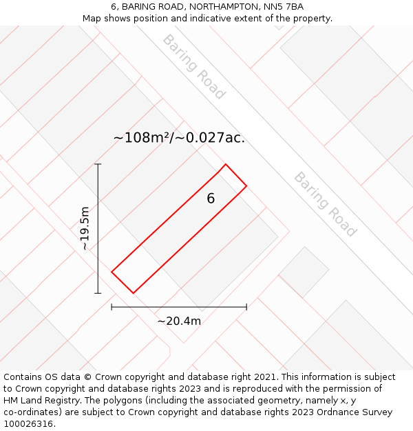 6, BARING ROAD, NORTHAMPTON, NN5 7BA: Plot and title map