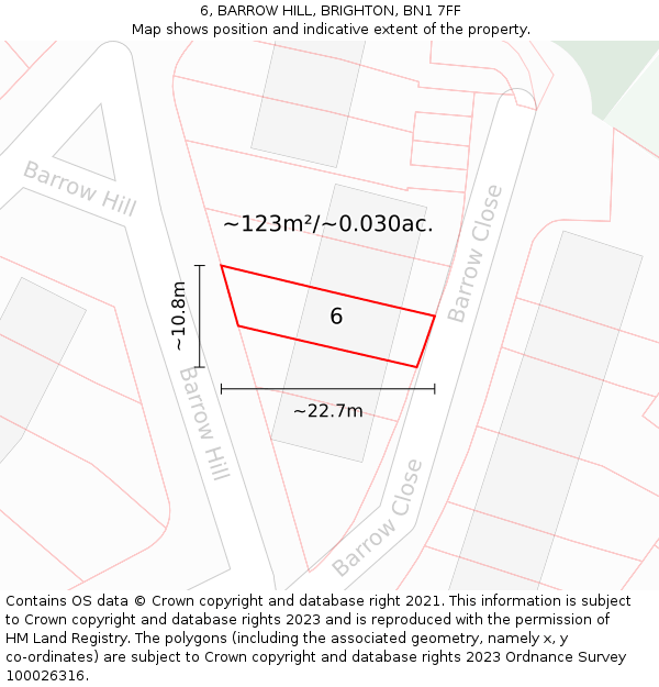 6, BARROW HILL, BRIGHTON, BN1 7FF: Plot and title map