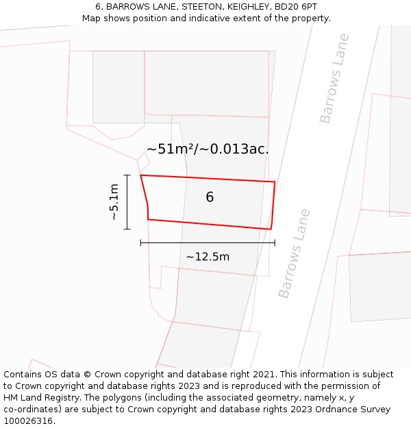 6, BARROWS LANE, STEETON, KEIGHLEY, BD20 6PT: Plot and title map