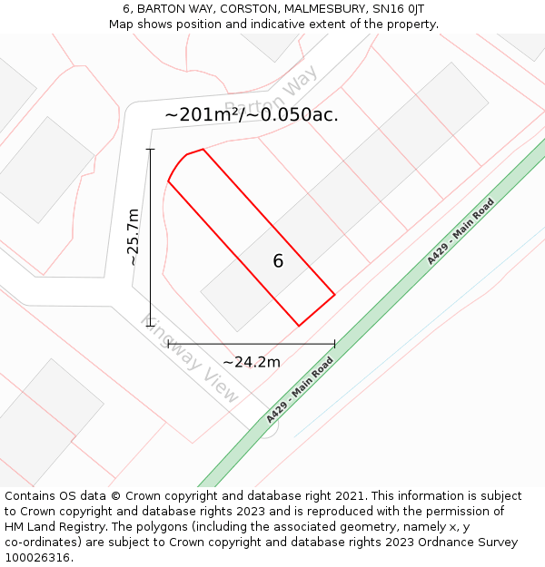 6, BARTON WAY, CORSTON, MALMESBURY, SN16 0JT: Plot and title map