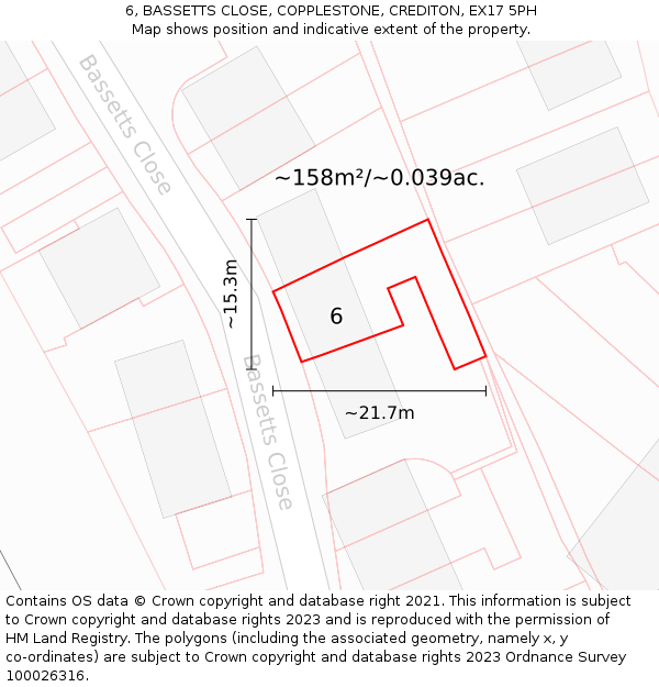6, BASSETTS CLOSE, COPPLESTONE, CREDITON, EX17 5PH: Plot and title map