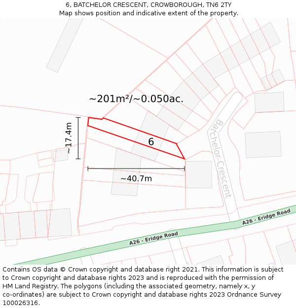 6, BATCHELOR CRESCENT, CROWBOROUGH, TN6 2TY: Plot and title map